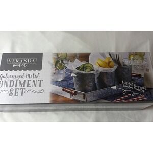 NIB Veranda Galvanized Metal Triple Condiment Serving Set Tray